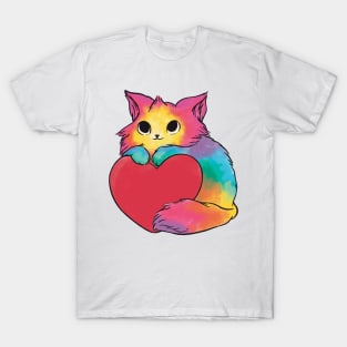 cat in watercolor rainbow colors holding a heart T-Shirt